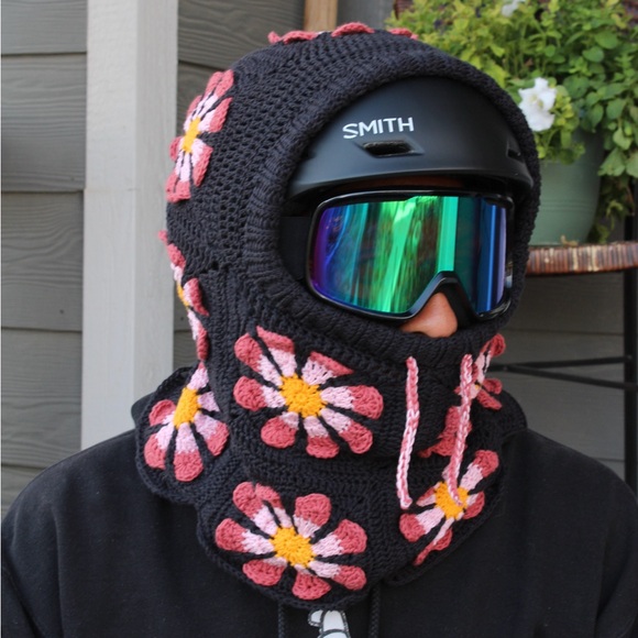 Floral Crochet Balaclava - Black with Pink and Yellow Accents